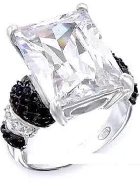 Radiant Solitaire Pave set Black Cz Cocktail sterling silver statement Ring HSN